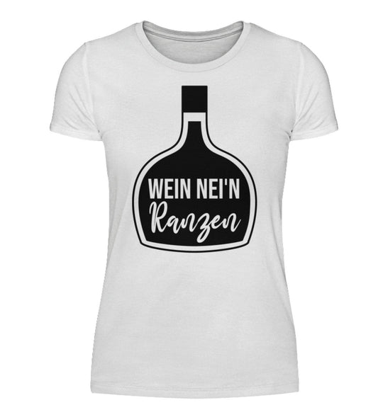 Damen-T-Shirt Weiß mit Wein nei’n Ranzen, Anbieter-Farbmockup.
