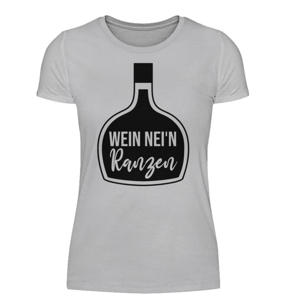Damen-T-Shirt Grau mit Wein nei’n Ranzen, Anbieter-Farbmockup.