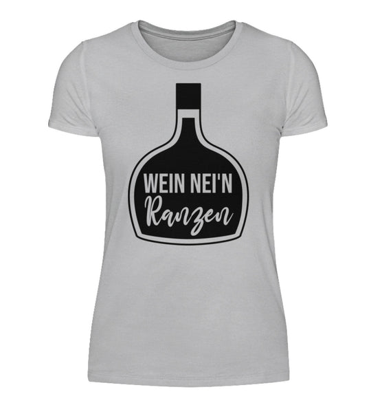 Damen-T-Shirt Grau mit Wein nei’n Ranzen, Anbieter-Farbmockup.