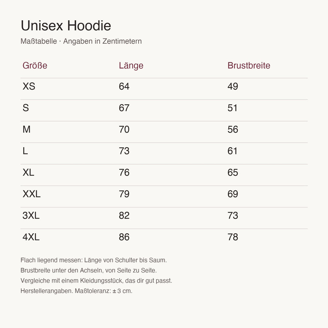 Maßtabelle Unisex Hoodie, XS bis 4XL, Länge und Brustbreite in Zentimetern