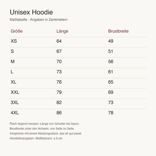 Maßtabelle Unisex Hoodie, XS bis 4XL, Länge und Brustbreite in Zentimetern