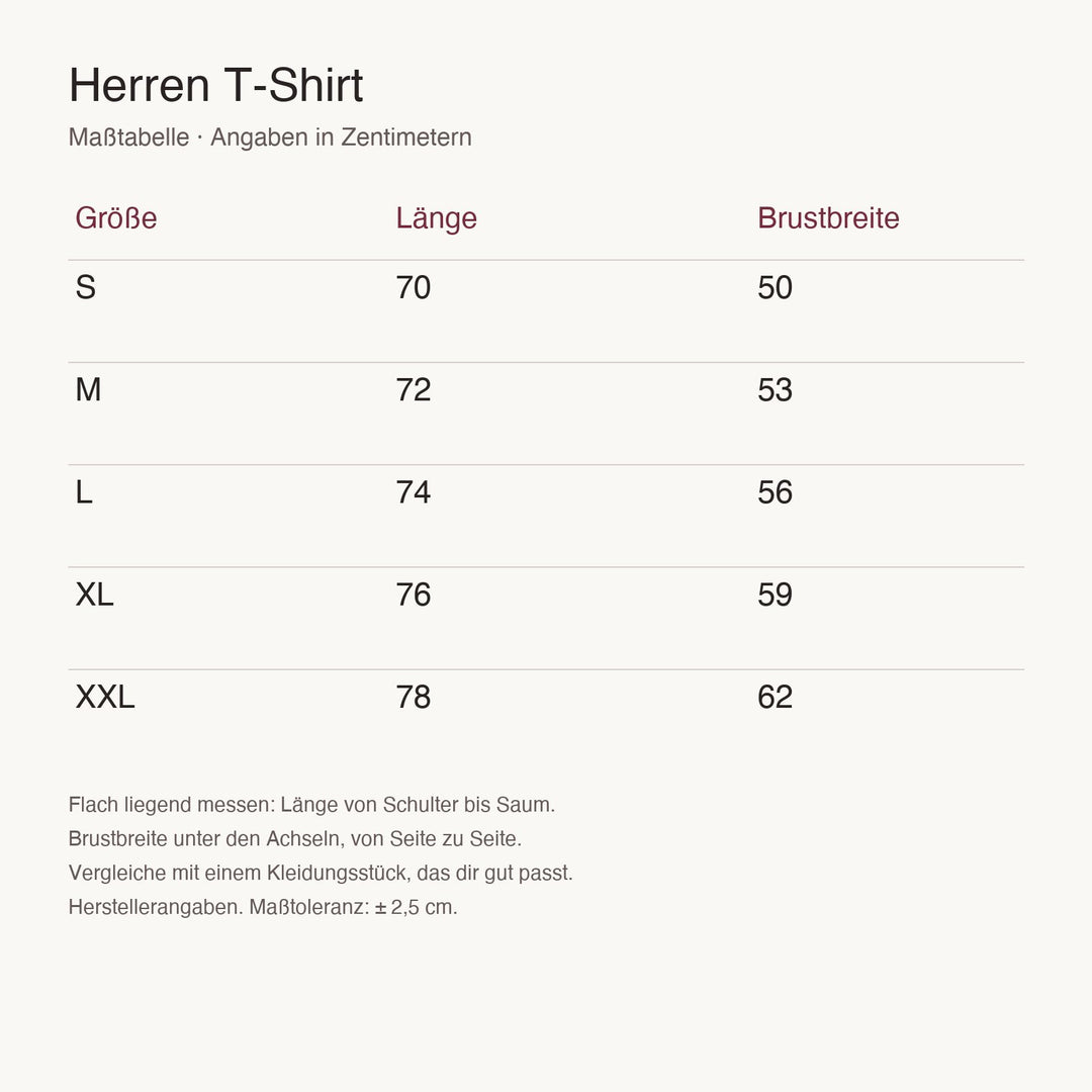 Maßtabelle Herren T-Shirt, S bis XXL, Länge und Brustbreite in Zentimetern