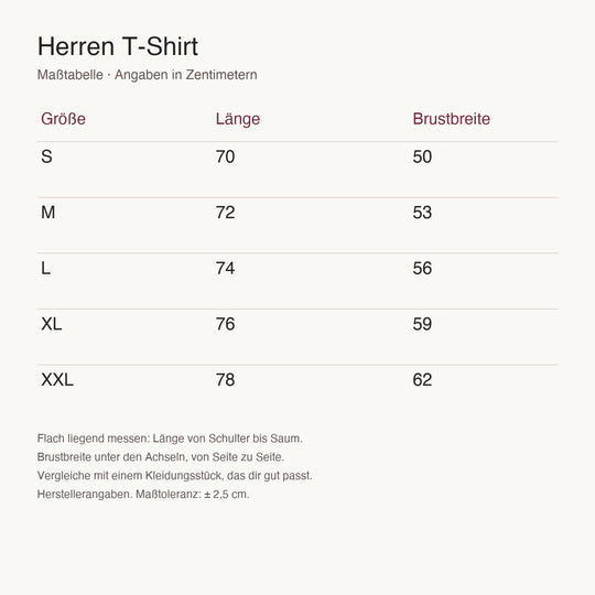 Maßtabelle Herren T-Shirt, S bis XXL, Länge und Brustbreite in Zentimetern