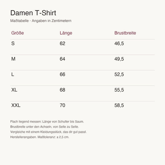Maßtabelle Damen T-Shirt, S bis XXL, Länge und Brustbreite in Zentimetern