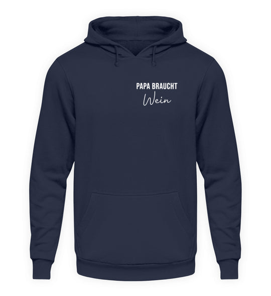 Papa braucht Wein – Unisex Hoodie in Dunkelblau, Vorderansicht