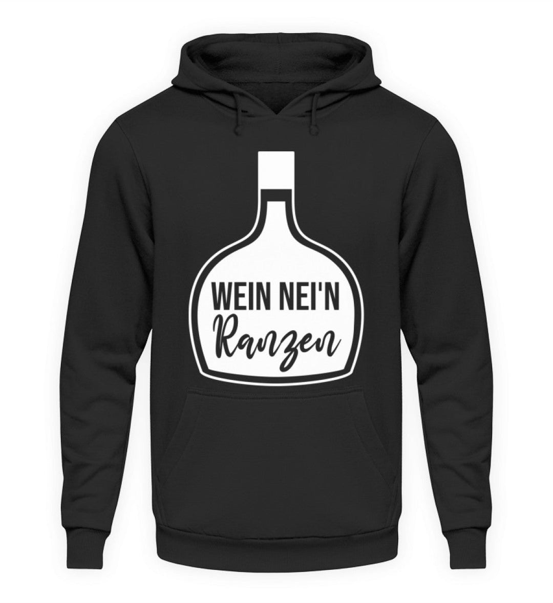 Unisex-Hoodie Schwarz mit Wein nei’n Ranzen, Motivgröße Groß, natives Anbieter-Farbmockup.
