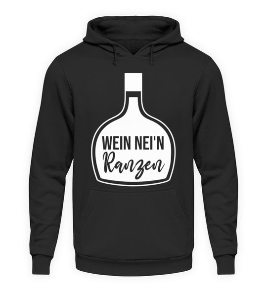 Unisex-Hoodie Schwarz mit Wein nei’n Ranzen, Motivgröße Groß, natives Anbieter-Farbmockup.