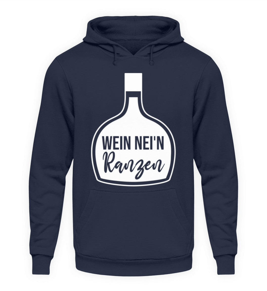 Unisex-Hoodie Dunkelblau mit Wein nei’n Ranzen, Motivgröße Groß, natives Anbieter-Farbmockup.