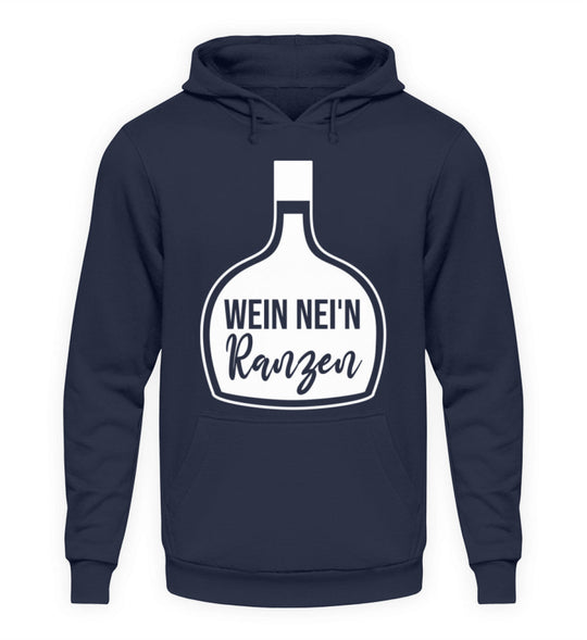 Unisex-Hoodie Dunkelblau mit Wein nei’n Ranzen, Motivgröße Groß, natives Anbieter-Farbmockup.