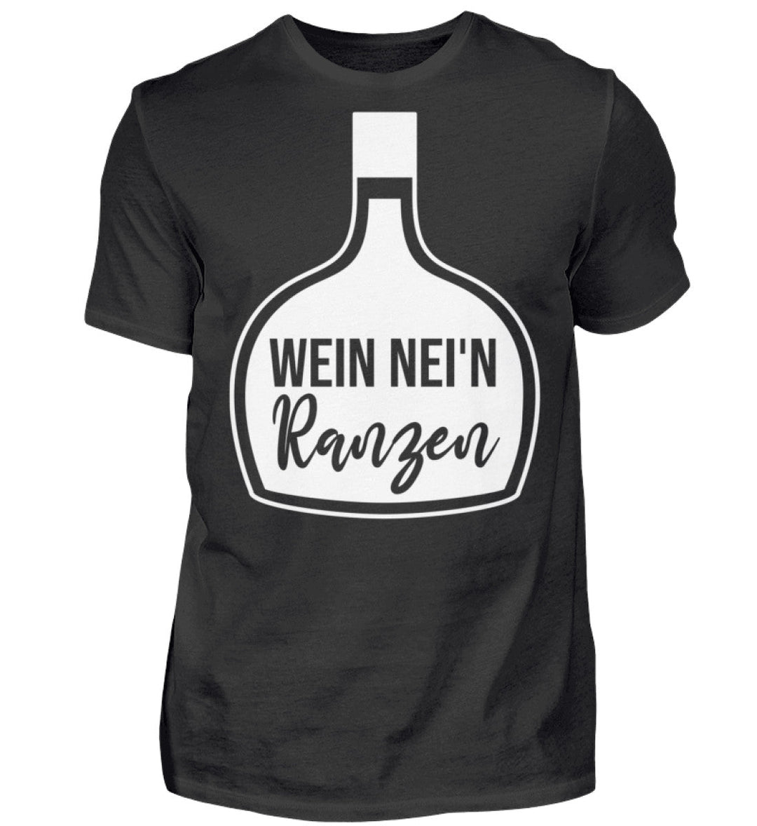 Herren-T-Shirt Schwarz mit Wein nei’n Ranzen, Motivgröße Groß, natives Anbieter-Farbmockup.