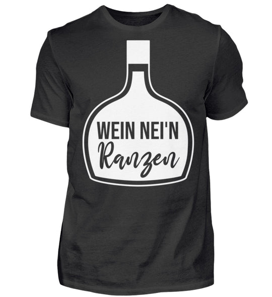 Herren-T-Shirt Schwarz mit Wein nei’n Ranzen, Motivgröße Groß, natives Anbieter-Farbmockup.