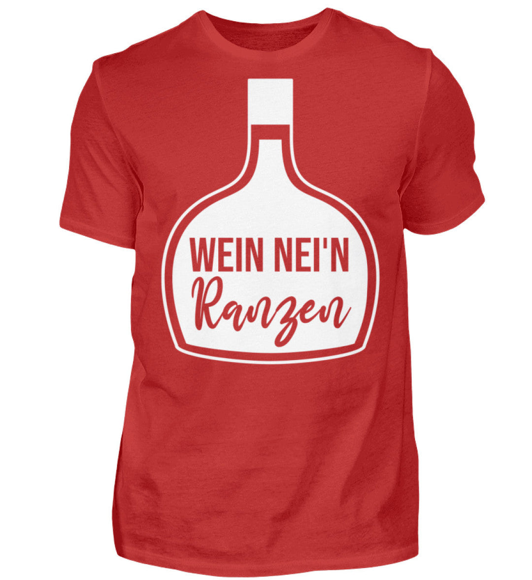 Herren-T-Shirt Rot mit Wein nei’n Ranzen, Motivgröße Groß, natives Anbieter-Farbmockup.