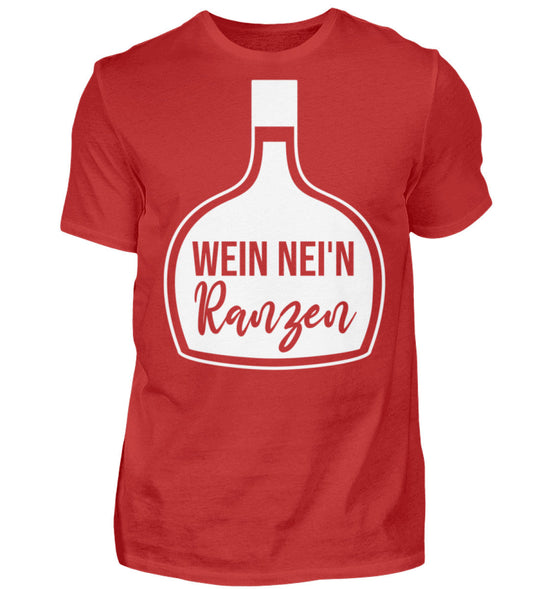 Herren-T-Shirt Rot mit Wein nei’n Ranzen, Motivgröße Groß, natives Anbieter-Farbmockup.
