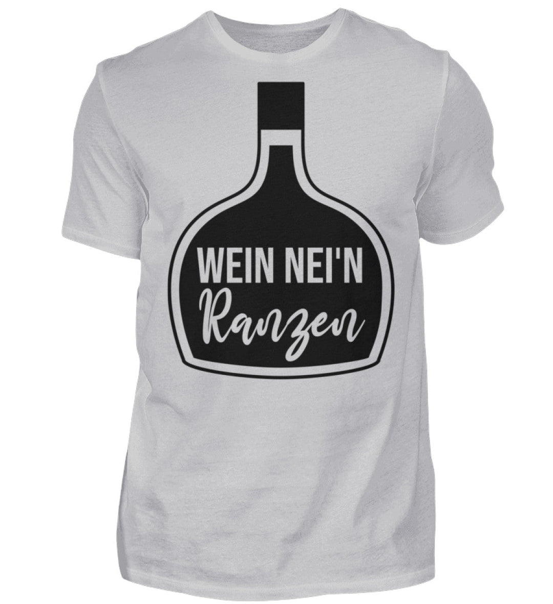 Herren-T-Shirt Grau mit Wein nei’n Ranzen, Motivgröße Groß, natives Anbieter-Farbmockup.