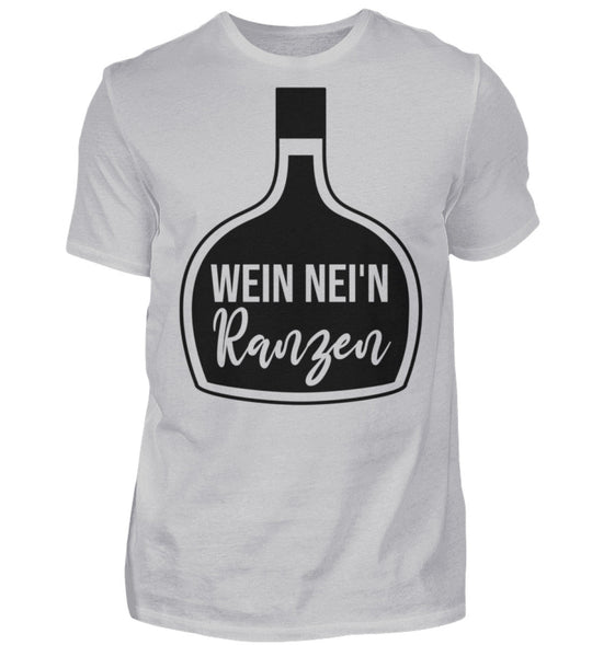 Herren-T-Shirt Grau mit Wein nei’n Ranzen, Motivgröße Groß, natives Anbieter-Farbmockup.