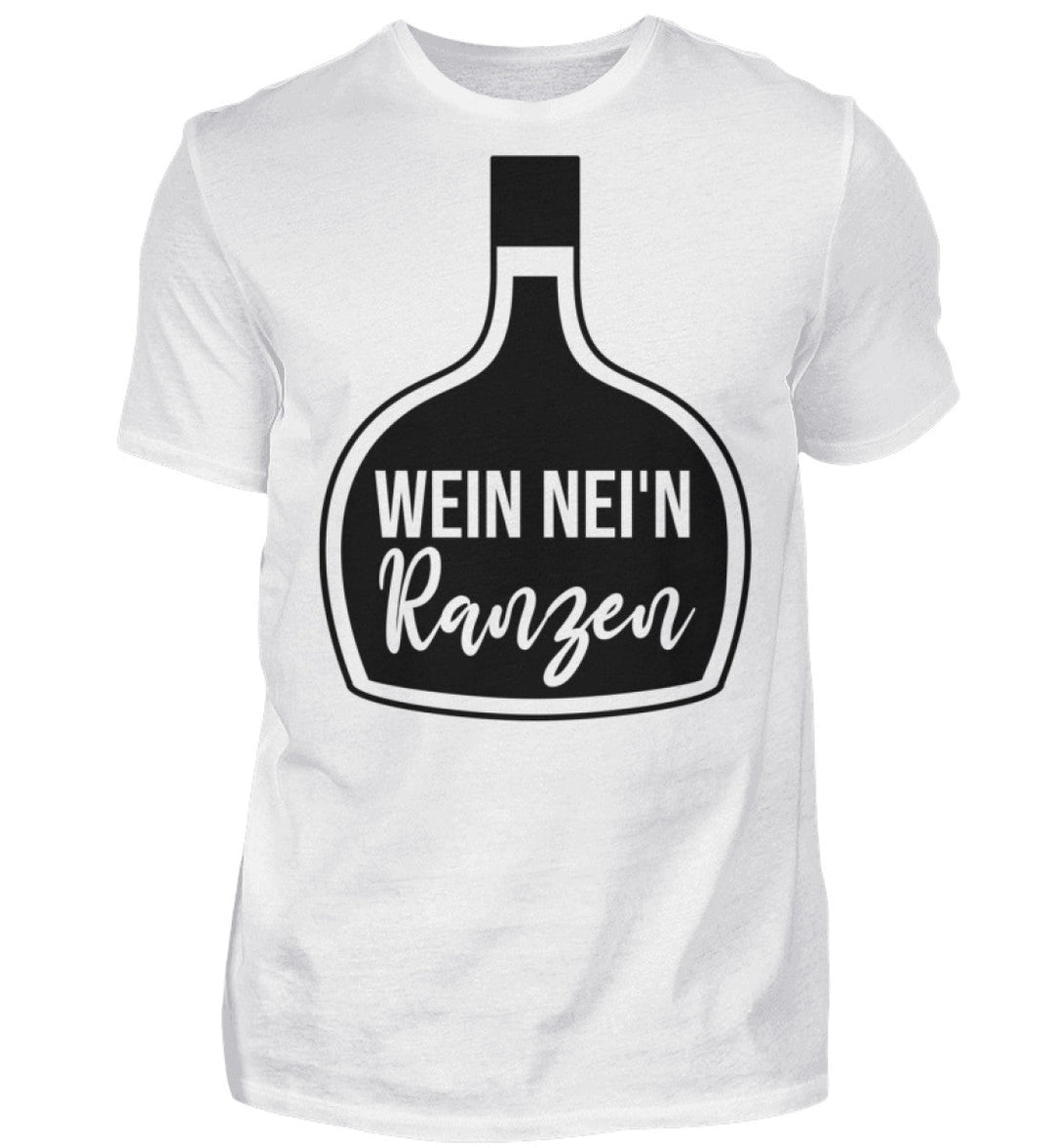 Herren-T-Shirt Weiß mit Wein nei’n Ranzen, Motivgröße Groß, natives Anbieter-Farbmockup.