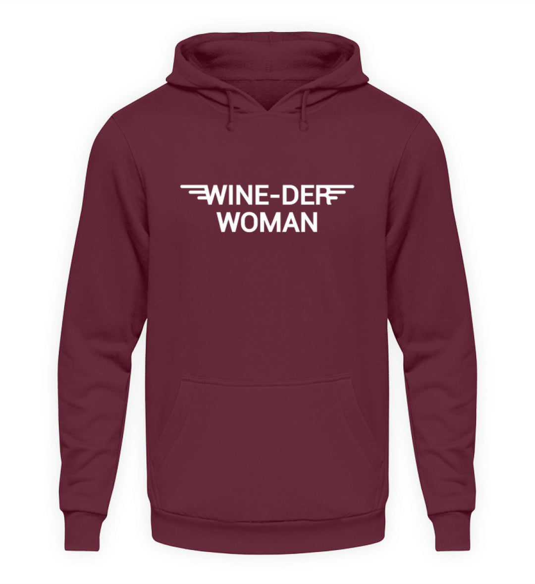 Wine-der Woman – Unisex Basic Hoodie in Bordeaux – Vorderansicht des Druckmotivs
