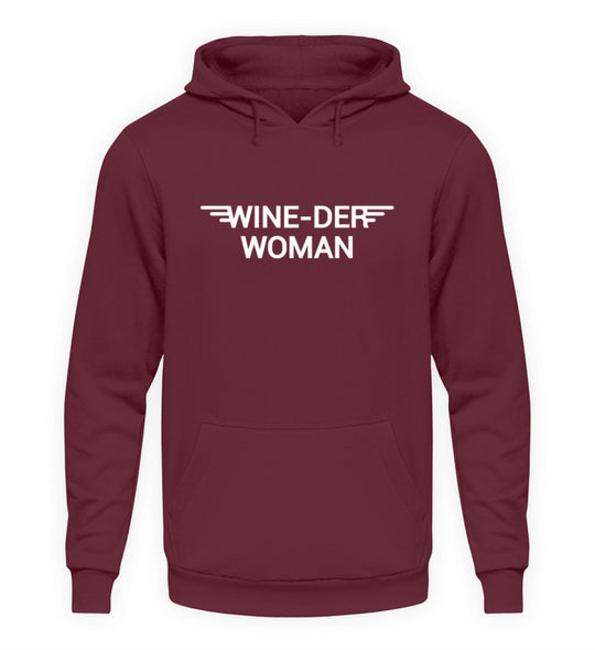 Wine-der Woman – Unisex Basic Hoodie in Bordeaux – Vorderansicht des Druckmotivs