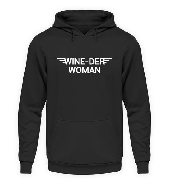 Wine-der Woman – Unisex Basic Hoodie in Schwarz – Vorderansicht des Druckmotivs