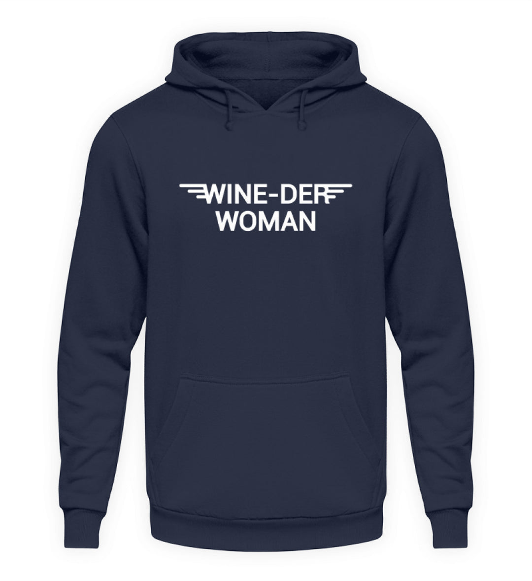 Wine-der Woman – Unisex Basic Hoodie in Dunkelblau – Vorderansicht des Druckmotivs