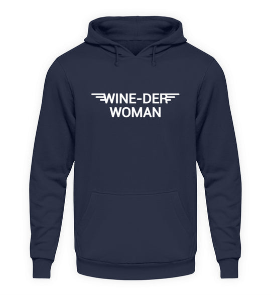 Wine-der Woman – Unisex Basic Hoodie in Dunkelblau – Vorderansicht des Druckmotivs