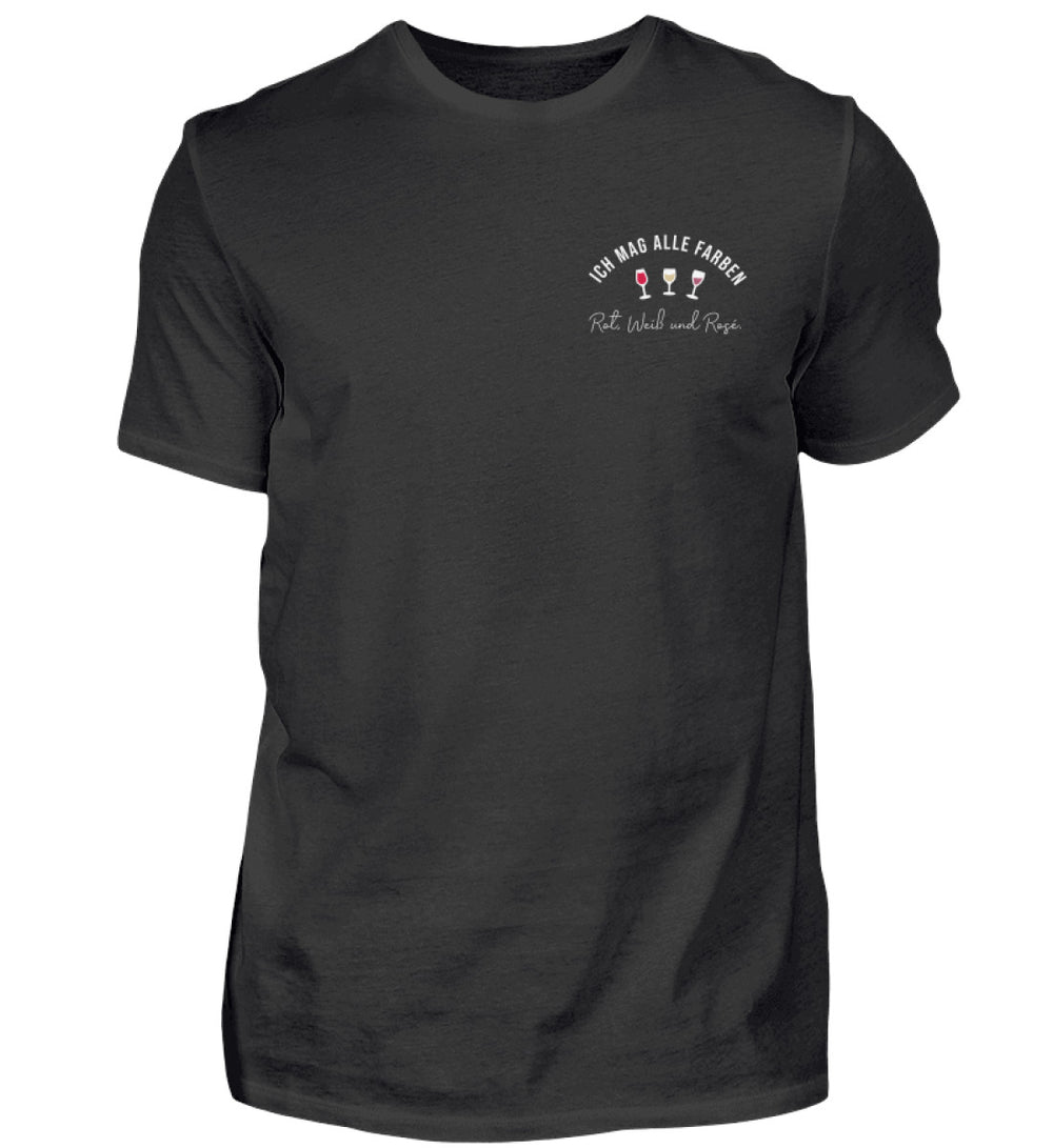 Herren T-Shirt in Schwarz mit Ich mag alle Farben und drei Weingläsern links auf der Brust.