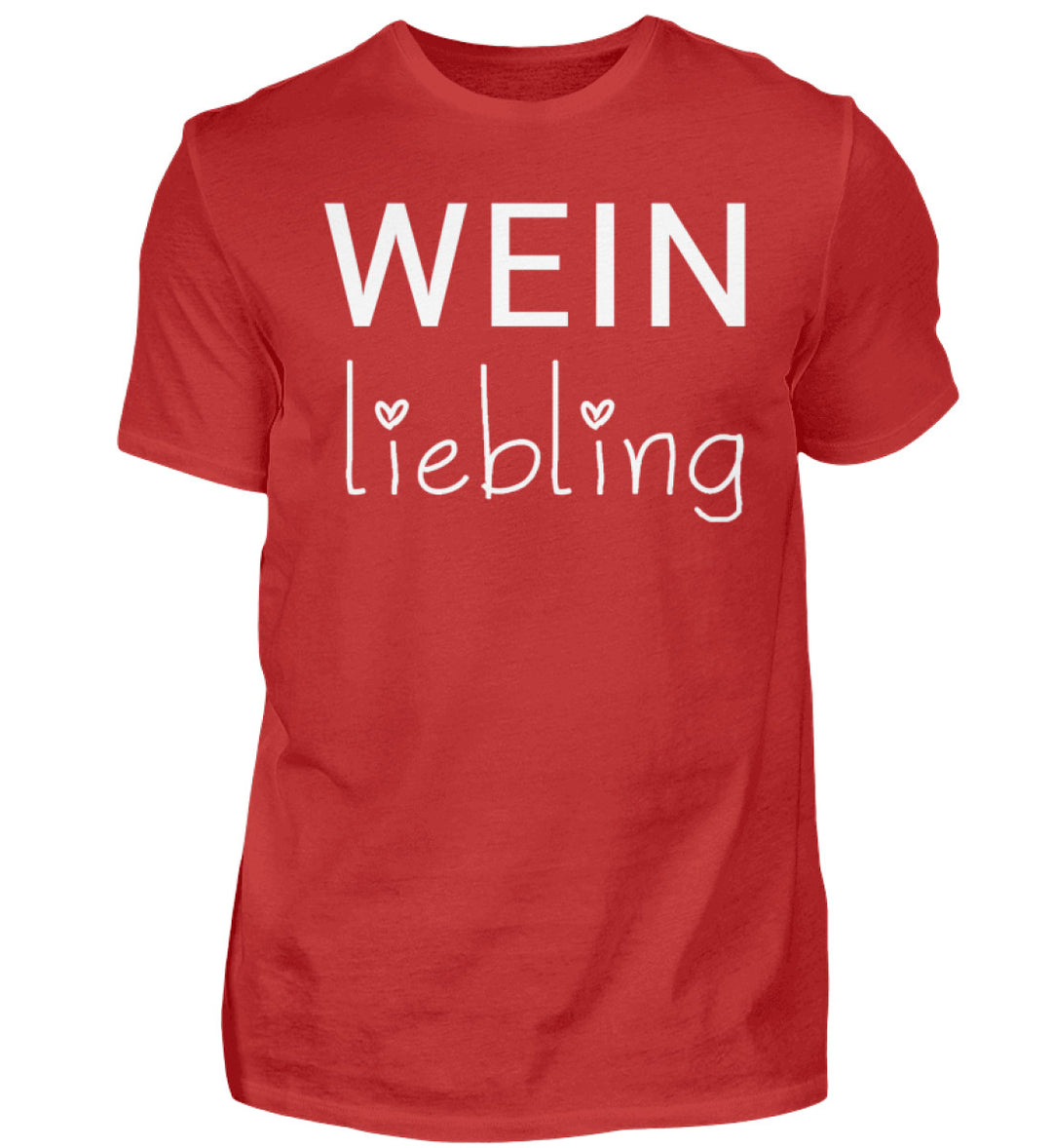Weinliebling Herren T-Shirt in Rot – weißer Schriftzug mit zwei Herzen vorne