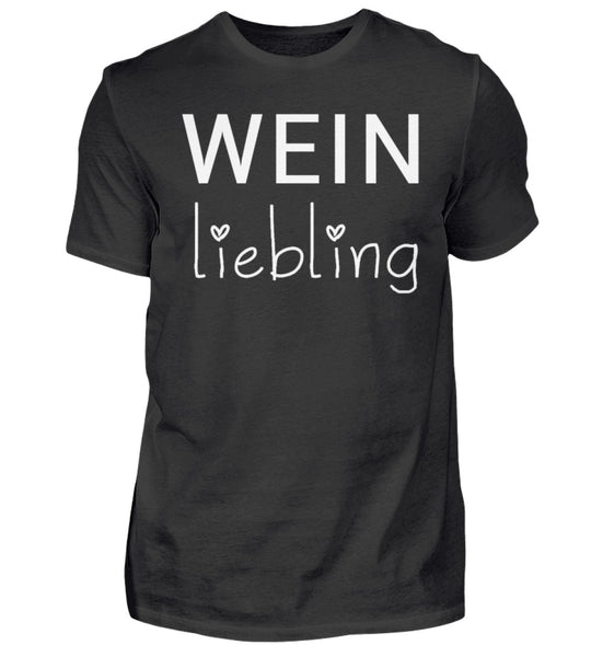 Weinliebling Herren T-Shirt in Schwarz – weißer Schriftzug mit zwei Herzen vorne