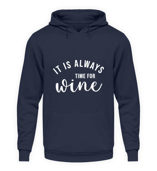 Produktansicht Unisex-Hoodie „It is always time for wine“ in Dunkelblau mit groß mittigem Druck auf der Vorderseite.