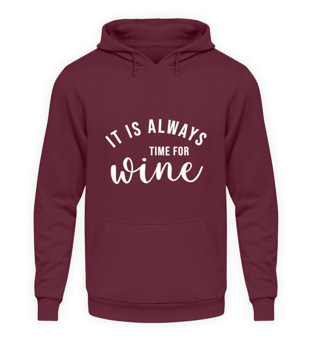 Produktansicht Unisex-Hoodie „It is always time for wine“ in Bordeaux mit groß mittigem Druck auf der Vorderseite.