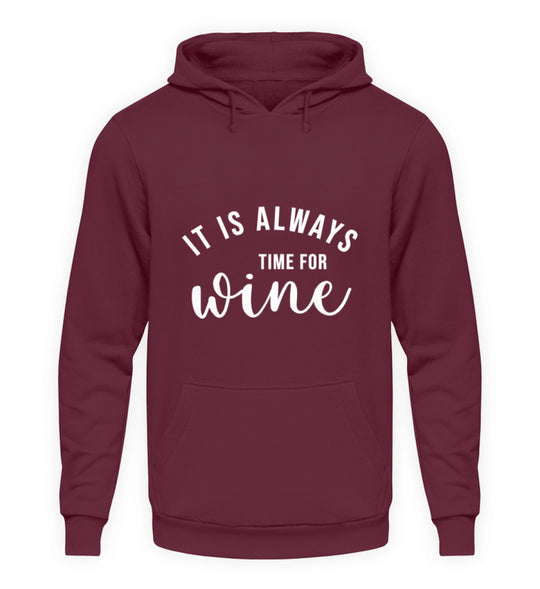 Produktansicht Unisex-Hoodie „It is always time for wine“ in Bordeaux mit groß mittigem Druck auf der Vorderseite.