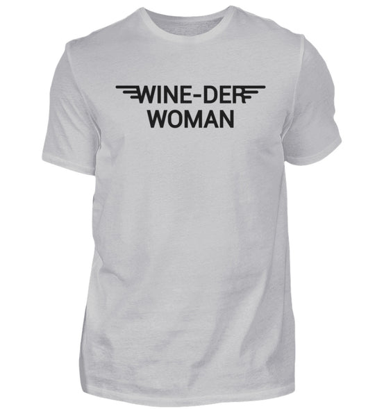 Wine-der Woman – Herren Basic T-Shirt in Grau – Vorderansicht des Druckmotivs