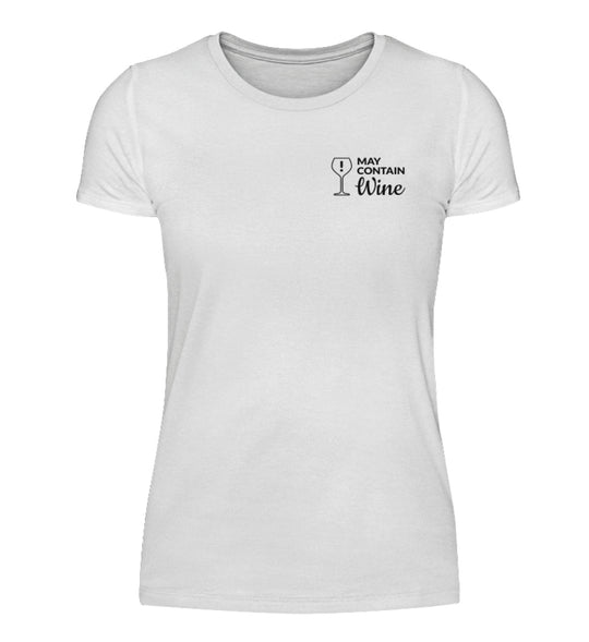 May contain wine Damen Basic T-Shirt in Weiß mit kleinem schwarzem Brustmotiv