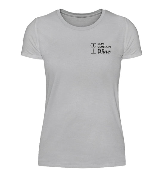 May contain wine Damen Basic T-Shirt in Grau mit kleinem schwarzem Brustmotiv