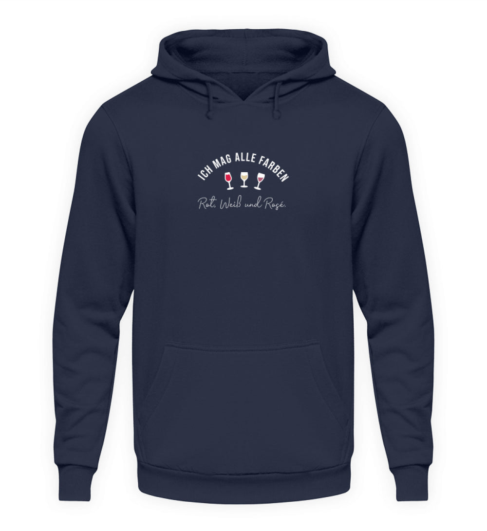 Unisex Hoodie in Dunkelblau mit Ich mag alle Farben und drei Weingläsern mittig vorne.