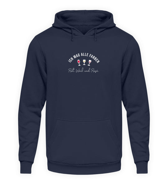 Unisex Hoodie in Dunkelblau mit Ich mag alle Farben und drei Weingläsern mittig vorne.