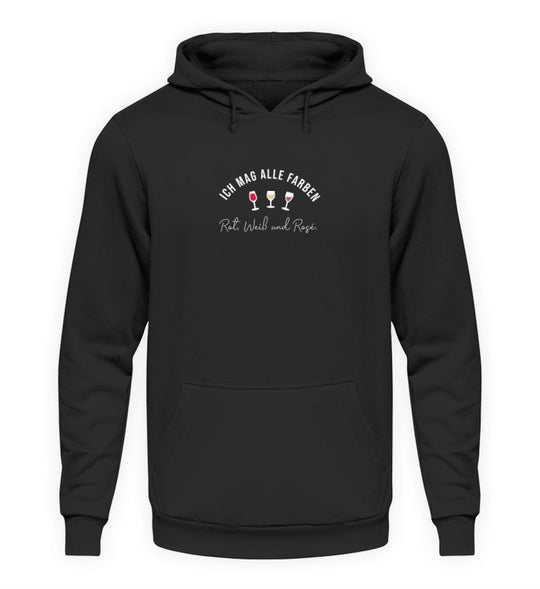 Unisex Hoodie in Schwarz mit Ich mag alle Farben und drei Weingläsern mittig vorne.