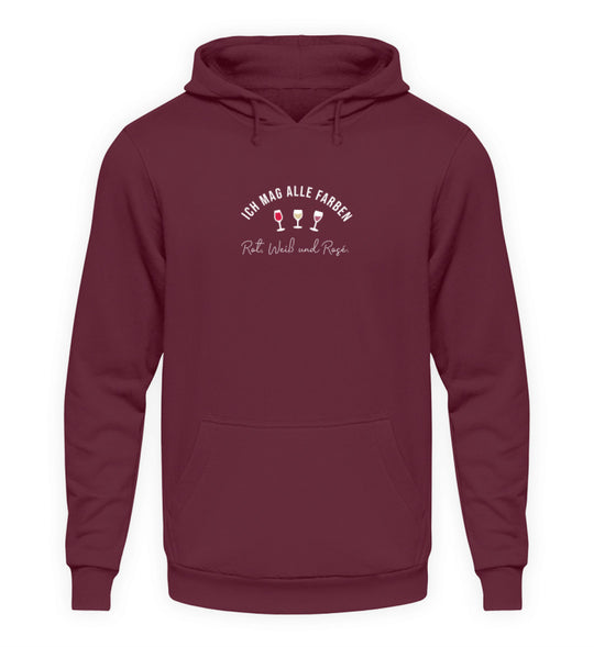 Unisex Hoodie in Bordeaux mit Ich mag alle Farben und drei Weingläsern mittig vorne.