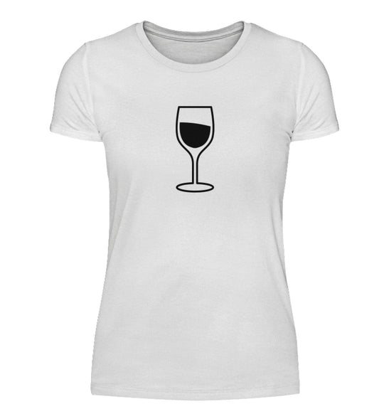 Damen T-Shirt mit schwarzem Weinglas-Motiv in Weiß