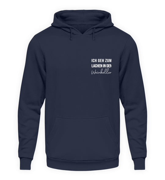 Ich geh zum Lachen in den Weinkeller – Unisex Basic Hoodie – Dunkelblau, Vorderansicht