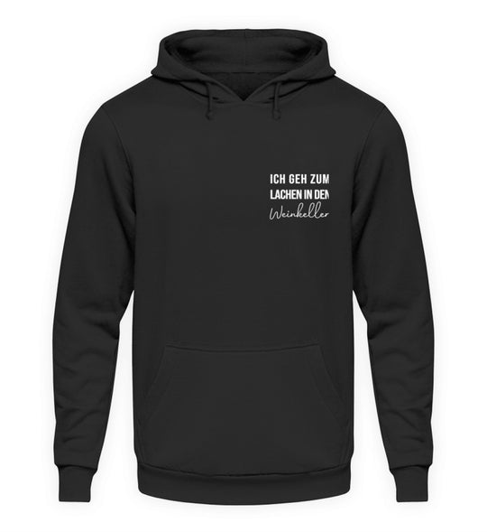 Ich geh zum Lachen in den Weinkeller – Unisex Basic Hoodie – Schwarz, Vorderansicht
