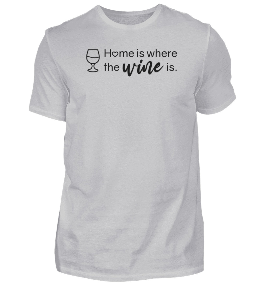 Home is where the wine is – Herren Basic T-Shirt in Grau, schwarzes Motiv vorne mittig.