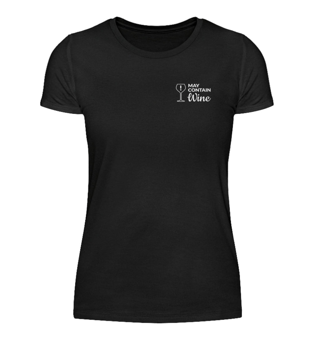 May contain wine Damen Basic T-Shirt in Schwarz mit kleinem weißem Brustmotiv