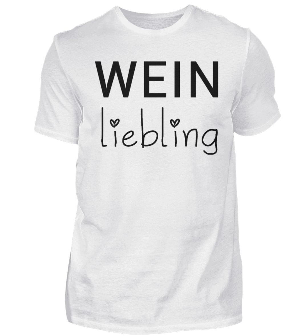Weinliebling Herren T-Shirt in Weiß – schwarzer Originalschriftzug mit zwei Herzpunkten vorne mittig