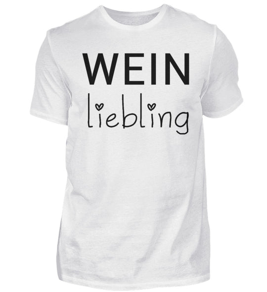 Weinliebling Herren T-Shirt in Weiß – schwarzer Originalschriftzug mit zwei Herzpunkten vorne mittig