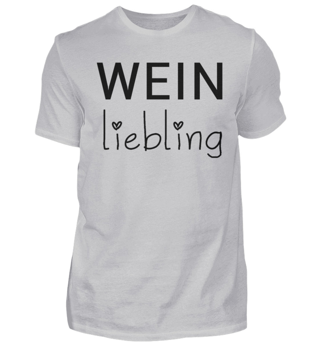 Weinliebling Herren T-Shirt in Grau – schwarzer Originalschriftzug mit zwei Herzpunkten vorne mittig