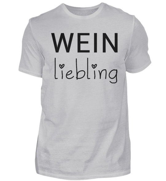 Weinliebling Herren T-Shirt in Grau – schwarzer Originalschriftzug mit zwei Herzpunkten vorne mittig