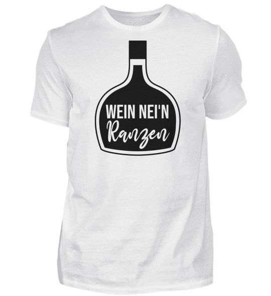 Herren-T-Shirt Weiß mit Wein nei’n Ranzen, Anbieter-Farbmockup.