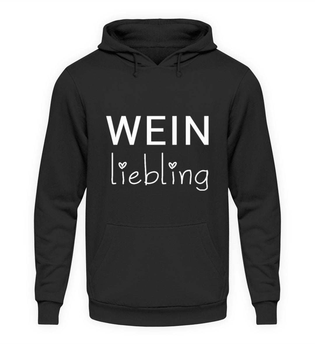 Weinliebling Unisex Hoodie in Schwarz – weißer Schriftzug mit zwei Herzen vorne