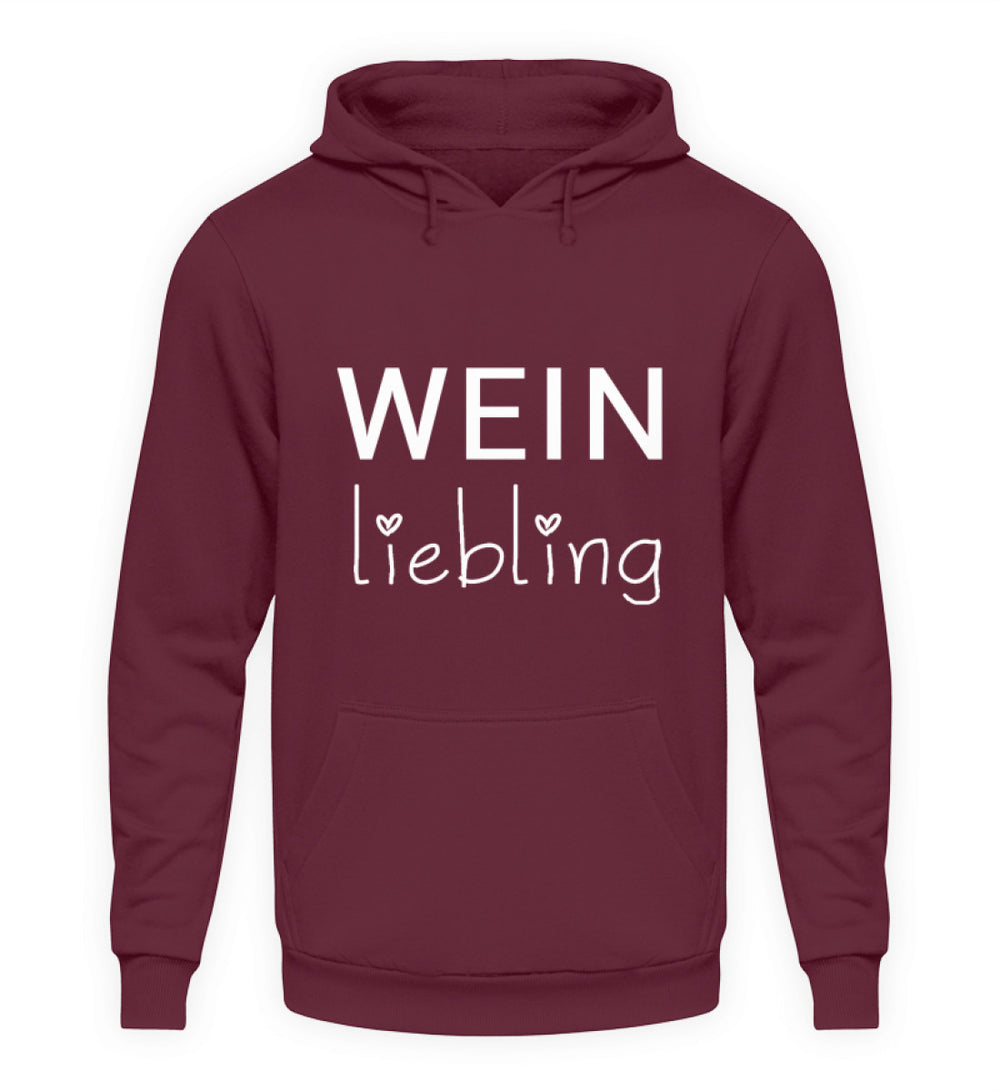 Weinliebling Unisex Hoodie in Bordeaux – weißer Schriftzug mit zwei Herzen vorne